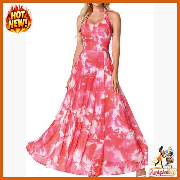 Floral Mesh Maxi Dress Halter Cowl Neck Formal Cocktail Elegant Wedding Guest